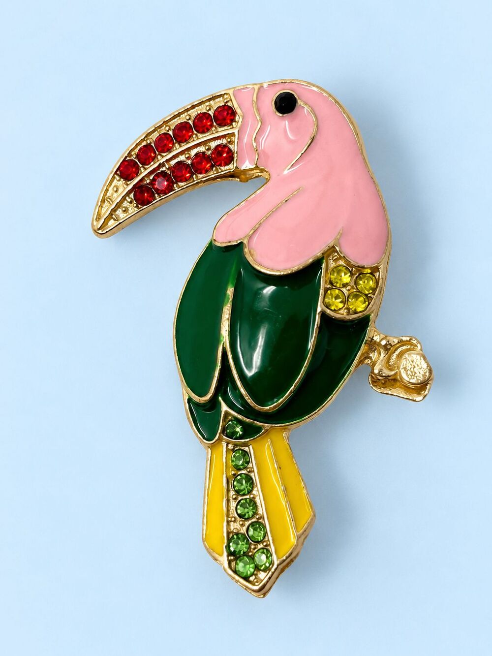 Toucan Bird Brooch Pin Gold Tone Enamel Rhinestone Colorful Tropical